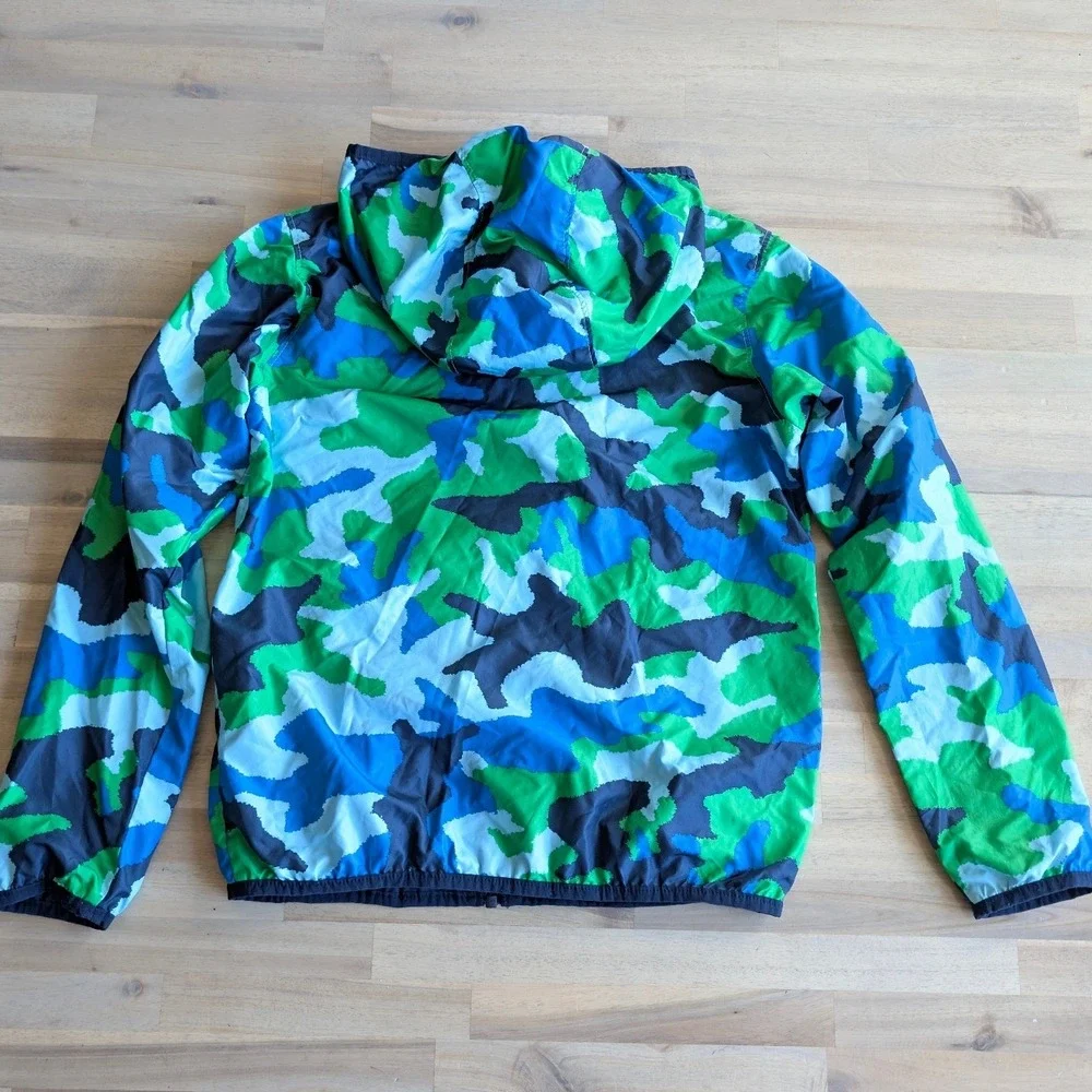 Columbia Reversible Hooded Windbreaker Jacket Boys Medium 10/12 Green Blue Camo